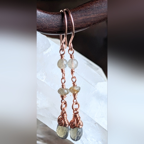 Mystical Labradorite Earrings Dainty Copper Wire Wrapped Design - Picture 6 of 12